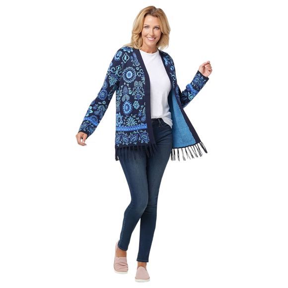 Isaac Mizrahi Live Jacquard Floral Tassel Open Front Cardigan Size 2X - Picture 8 of 8
